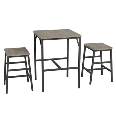 Ensemble de salle à manger 3 pièces de style pub, table de bar carrée de 60 cm et 2 tabourets, style bistro en bois antique, idéal pour les petits espaces et les appartements, gris
