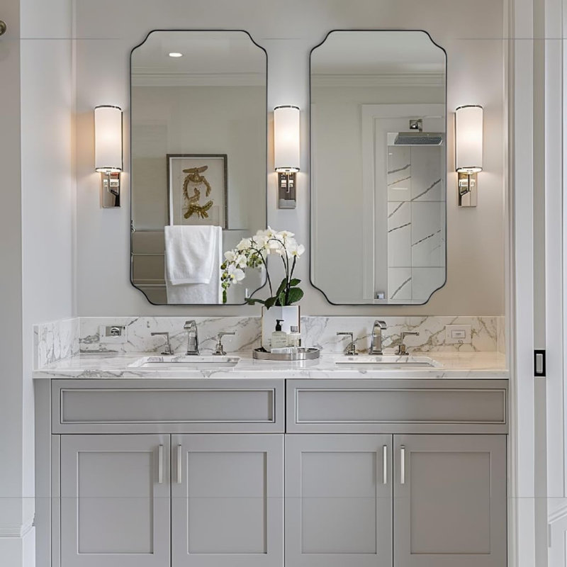 Modern Scalloped Corner Rectangle Bathroom Vanity Mirror | Stainless Steel Frame, Polished Chrome, 48" x 24"