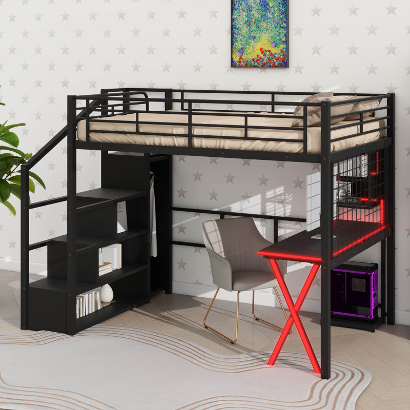 Lit mezzanine double en métal avec espace de travail intégré, garde-robe, escalier de rangement et éclairage DEL