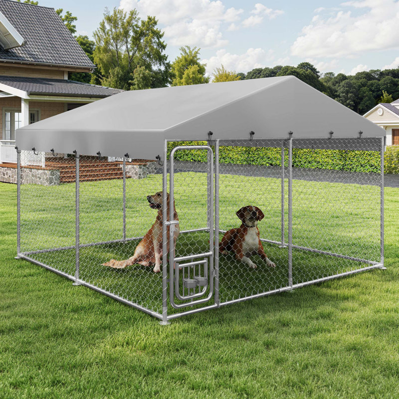 Enceinte d'extérieur pour chien de 7,5 pi x 10 pi avec toit, avec bols rotatifs