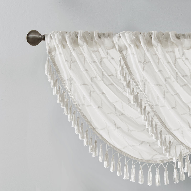 White Sheer Embroidered Waterfall Valance with Tassels