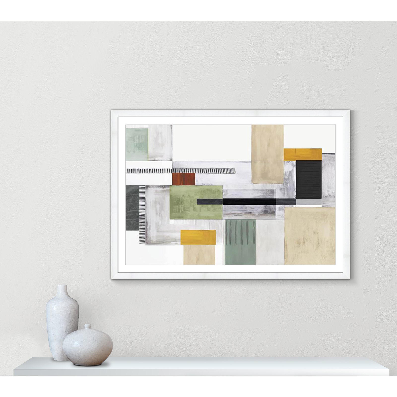 Playful Blocks by Tom Reeves, White, White Cube Picture Framed, 39" H x 55" W x 1.25" D
