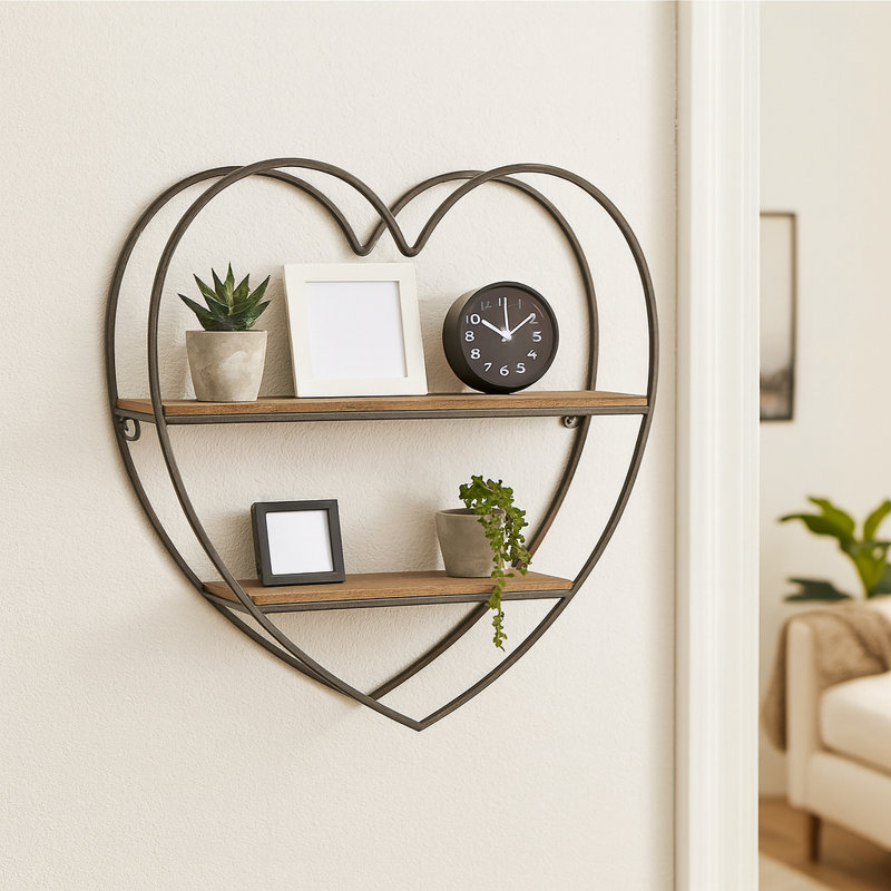 Decorative Heart Shape Wall Storage Sculpture for Home Decor - Modern Hanging Metal and Wood Wall Art for Office, Living Room, or Bedroom - 20"
