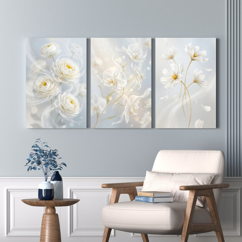 Ensemble de 3 tableaux muraux sur toile tendue, motif bouquet de fleurs blanches, pour la décoration du salon et de la chambre.
