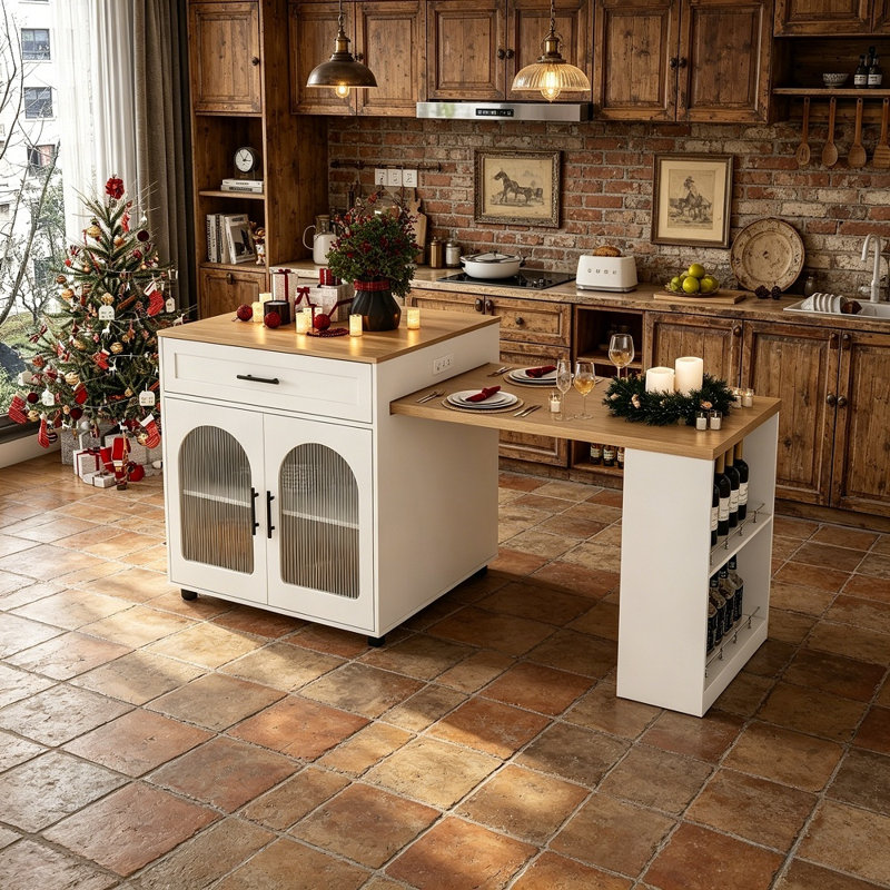 Îlot de cuisine extensible avec table de salle à manger et prise de courant