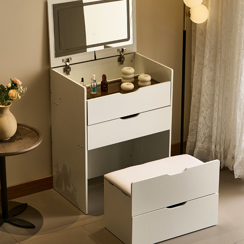 Petit bureau de meuble-lavabo 31 avec 3 lumières à température de couleur, 3 tiroirs, un banc de rangement et un plateau de table en verre visible, un miroir d'éclairage 3 couleurs blanc et verre pour la chambre à coucher, un banc à couvercle rabattable,