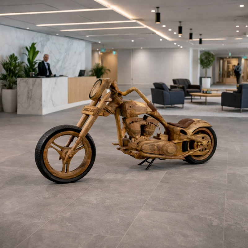 Decorative Wooden Motorcycle Sculpture for Home Decor – Handcrafted Accent Piece Adds Artistic Detail to Living Room or Office Spaces – 40", Brown