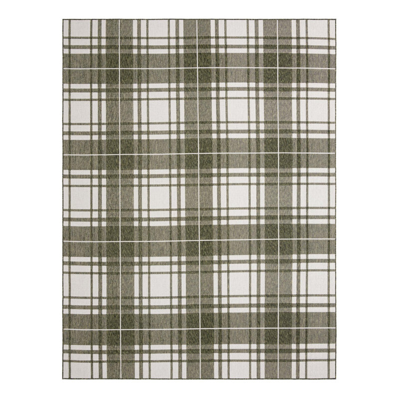 Tatasha Plaid Power Loom Polypropylene Plastic Indoor/Outdoor Area Rug in White/Green, Rectangle 9' x 12'