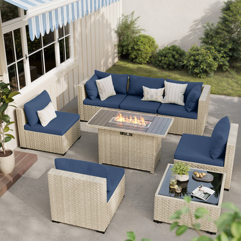 8-Piece Patio Conversation Set With Fire Pit Table, Coffee Table, And Cushions, Navy