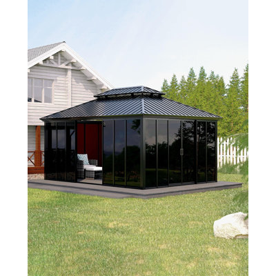 Pavillon de jardin d'extérieur robuste 2 x 16 pi, pavillon permanent avec portes coulissantes du sol au plafond, solarium solarium avec cadre et fenêtres en aluminium, pour cour, patio et terrasse