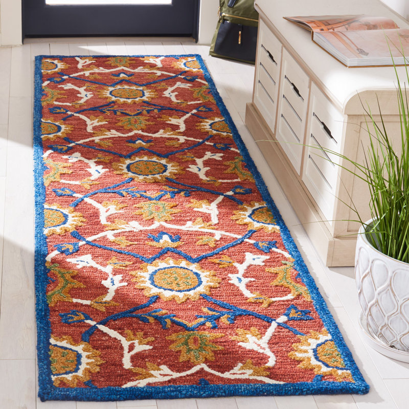 Blossom Hand Tufted Wool/Cotton Oriental Rug in Red/Blue/Beige, Runner 2'3" x 8'