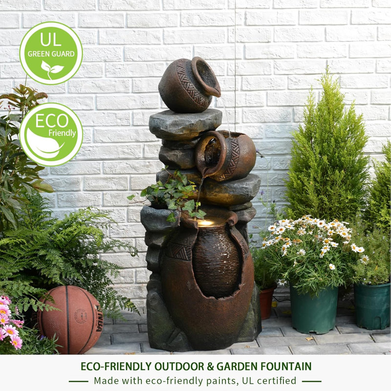 Water Fountain 3 Tier Cascading Outdoor Water Feature Decor With LED Lights For Garden Patio Home Office
