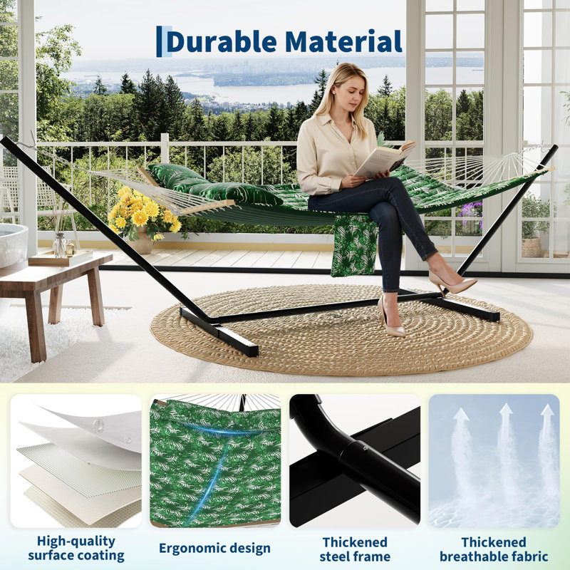 370cm 2 Person Hammock with Heavy Duty Metal Stand, Cotton Polyester Outdoor Hammock 204kg Weight Capacity with Carry Bag, Blue & Green for Patio Garden Backyard Camping Beach