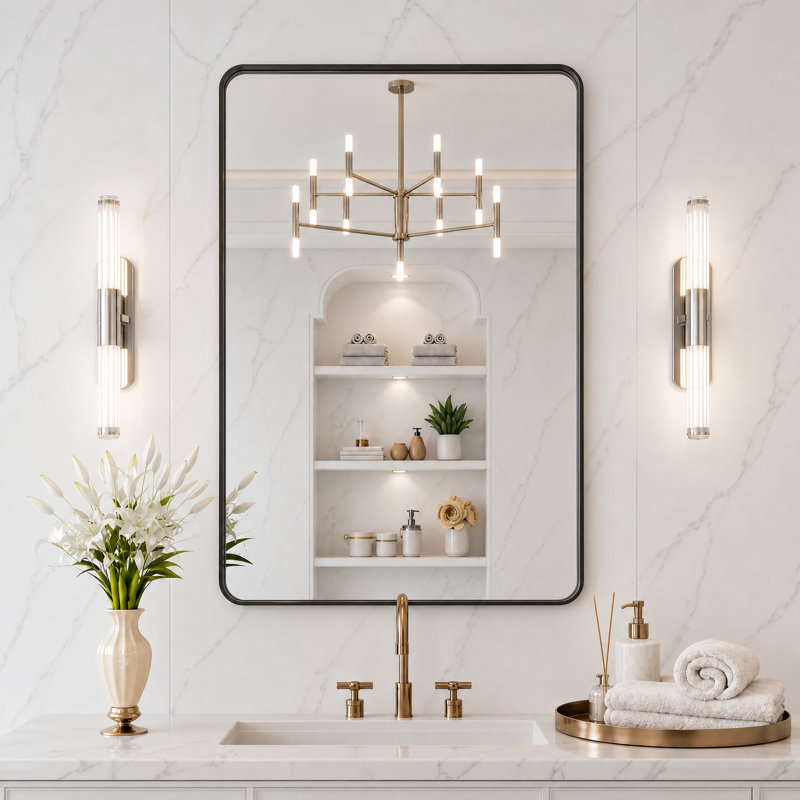 Lunara 1.18" Deep Rounded Corner Rectangular Bathroom Wall Mirror with Premium Tempered Glass & Aluminum Alloy Framed, Black