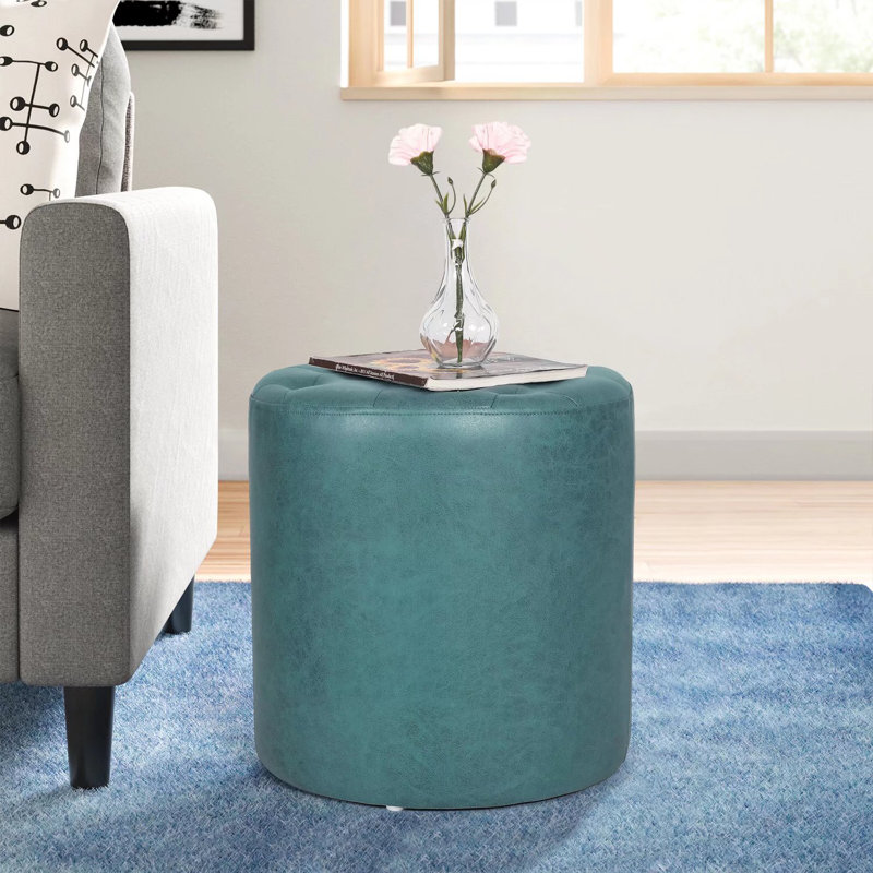 Rangi Tufted Round Standard Ottoman, Dark Teal 