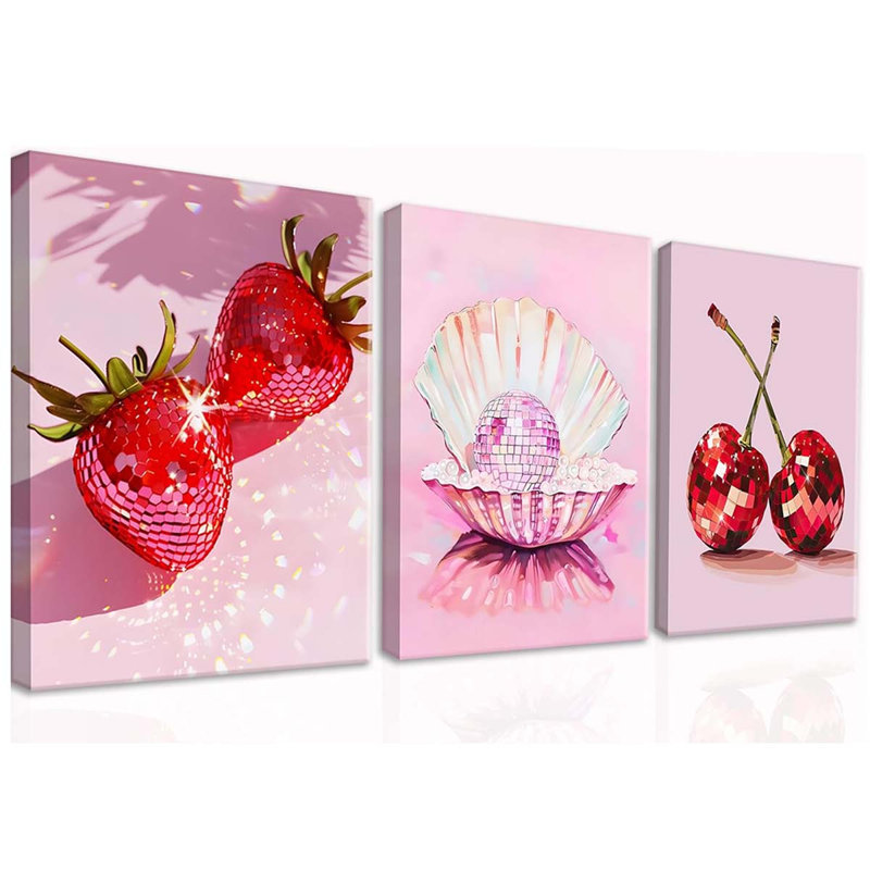 Disco Canvas Wall Art Set Of 3, Trendy Strawberries Cherries Fruit Wall Decor Paintings., 40 cm H x 90 cm W