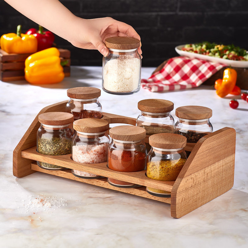 Freestanding Wood Spice Jar & Rack Set