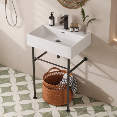 Lavabo de salle de bain console rectangulaire en céramique à trou simple 24 po avec trop-plein