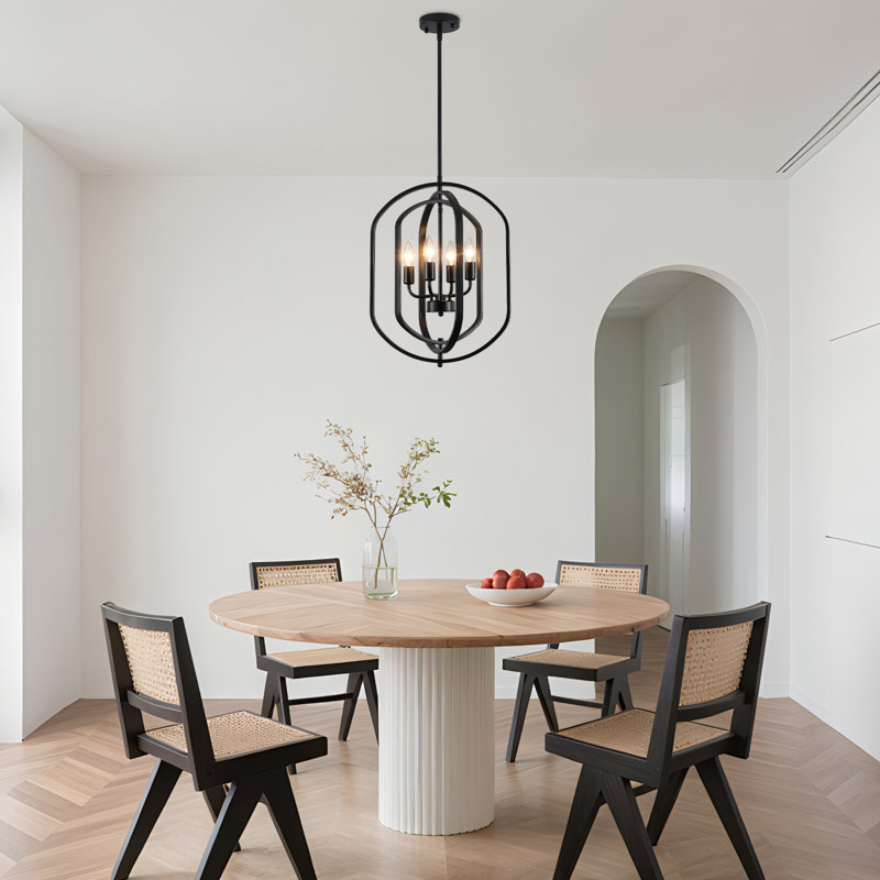 4-Light 16 in. Black Modern Geometric Chandelier Adjustable Lantern Pendant Light Fixture for Dining Room, Matte Black