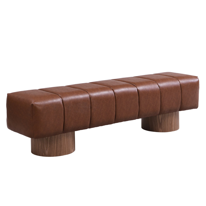 Upholstered Dining Bench For Dining Room, No-Assembly End Of Bed Entryway Bench Ottoman For Bedroom Living Room, Brown PU Stool Top Wood Leg 300 LBS Weight Capacity