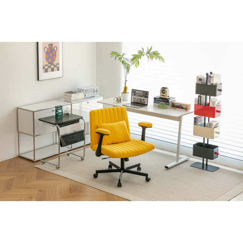 Chaise de bureau jaune avec accoudoirs croisés en lin jaune avec roulettes - ergonomique pour le bureau personnel, le travail et les études