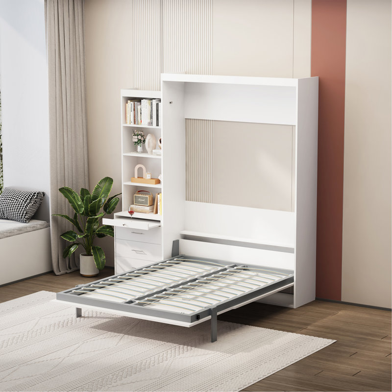 Lit escamotable vertical peu encombrant avec tablettes et tiroirs pour différentes pièces