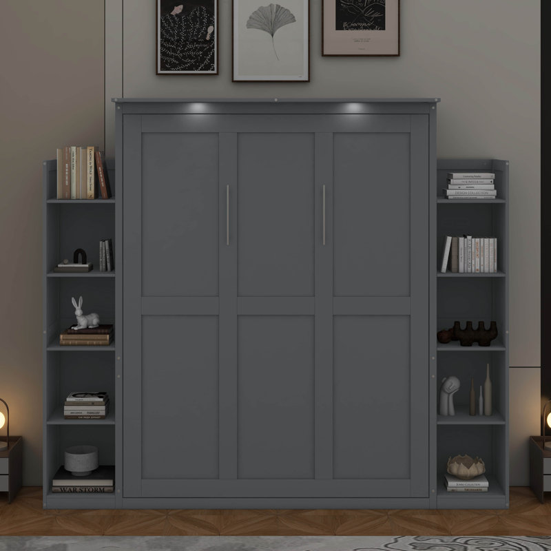 Grand lit escamotable avec tablettes et DEL, Gris