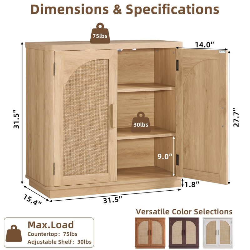 Rattan Sideboard Buffet Cabinet with Storage, 31.5" Coffee Bar Cabinet with Arch Doors & Adjustable Shelves, Wood Credenza, Boho Accent Cabinet for Kitchen, Living Room (Natural)