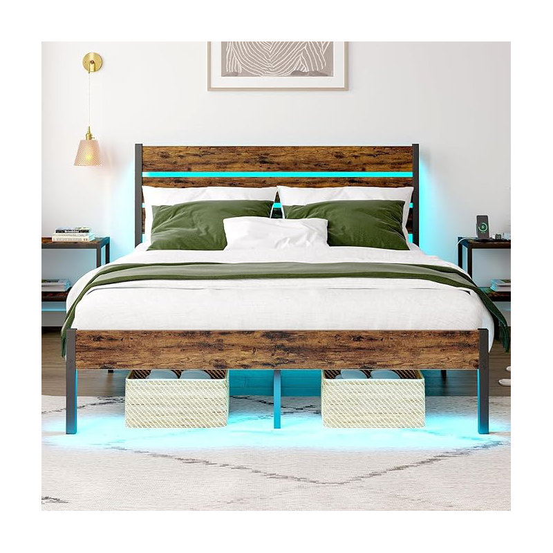 Bed Frame with Charging Station, LED Light Metal Bed Frame with Wooden Headboard, No Box Spring Required, No Noise, Easy Assembly