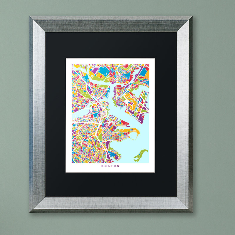 « boston ma street map 3 », impression encadrée, H 20 po x l 16 po x P 0,5 po, Noir, Toile avec cadre argenté