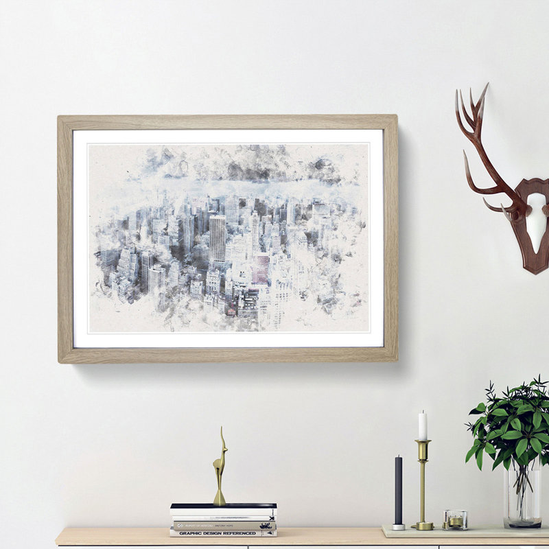 Moody New York City Skyline - Picture Frame Graphic Art Print, 33cm H x 45cm W x 2cm D, Oak Framed