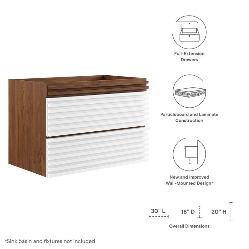 White and Walnut 30" MDF Wall-Mount Single Bathroom Vanity