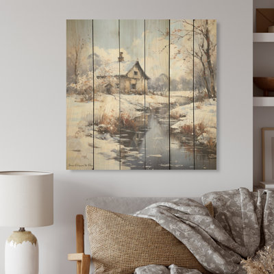 «Cottage Charm In Winter - Landscape Cottage», art mural sur bois de pin naturel