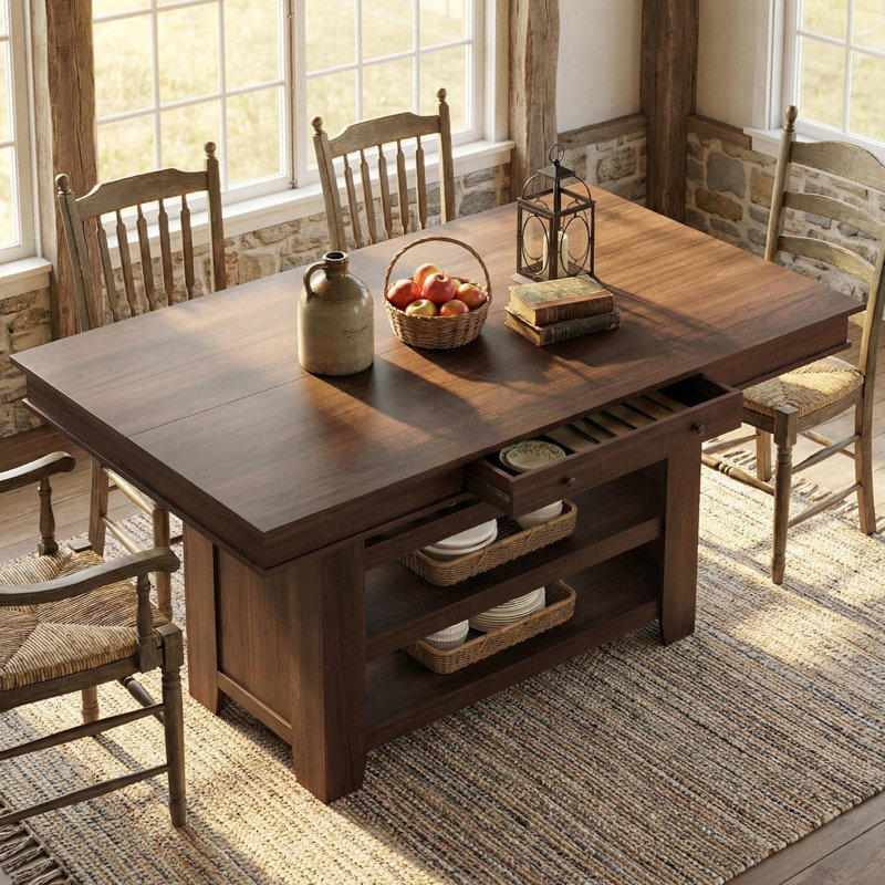 Table de salle à manger 60 po à hauteur de comptoir pour 4 à 6 personnes - Îlot de cuisine avec support à vin, 2 tiroirs et tablettes ouvertes - Rangement fixe à 4 niveaux pour la salle à manger ou la cuisine