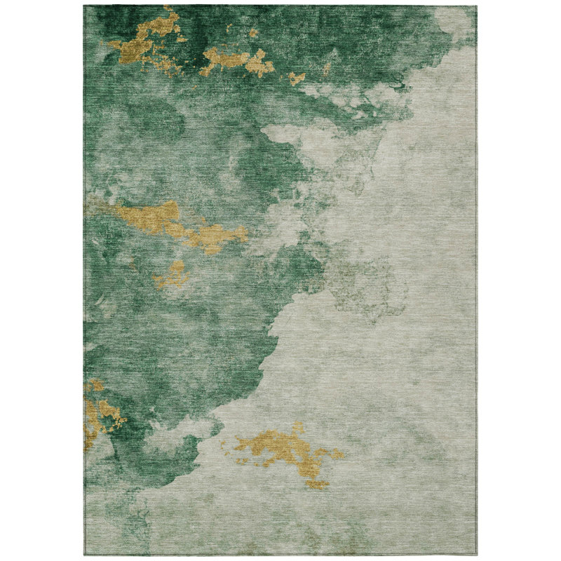 Tapis extérieur lavable abstrait émeraude et doré 5 pi x 8 pi