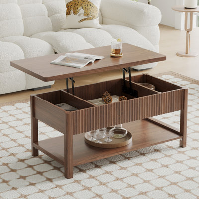 Table basse à plateau relevable de 39 po, table centrale cannelée à 2 niveaux avec espace de rangement caché et tablette ouverte, table à thé rectangulaire moderne en bois convenant au salon, au bureau à domicile