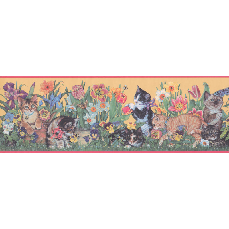 Bordure de papier peint à motif de fleurs de L 15 pi x l 8 po Procopio Kittens Flowers