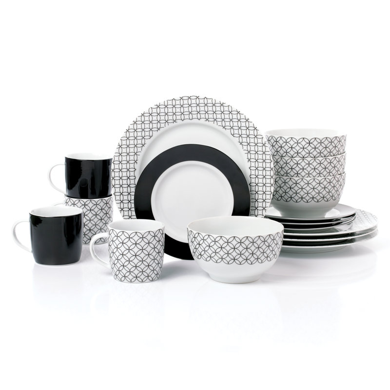 Waterside 16pc Geo Porcelain Dinner Set, Black