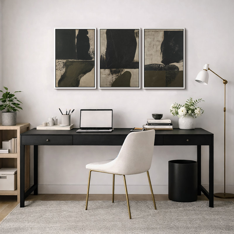 "Black and Olive", art abstrait, images de salon, estampe numérique sur toile encadrée, 3 pièces, Cadre blanc