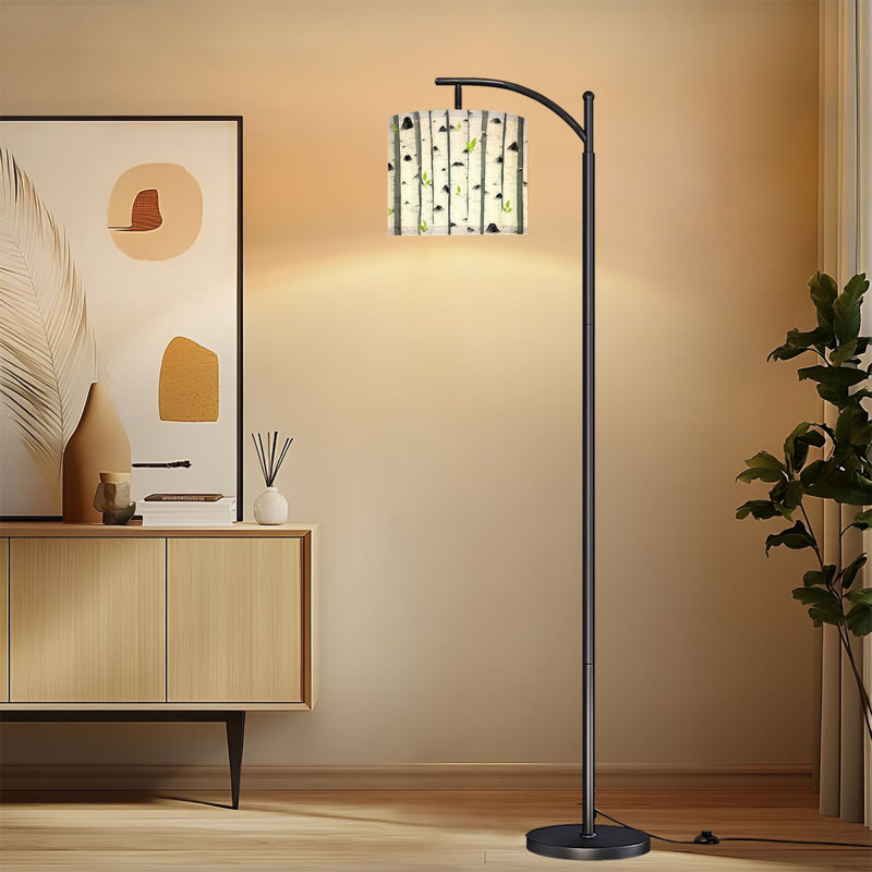 Lampe sur pied à arc avec abat-jour réglable bouleau forêt blanche écorce grise troncs à feuilles vertes fraîches lampe sur pied 3 températures de couleur à intensité variable haute lampe sur pied avec interrupteur au pied pour la chambre à coucher