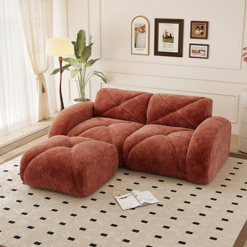 Canapé modulaire capitonné 3 pièces de 80 po avec repose-pieds mobile, Red Brown Velvet, 80.3"W x 29.9"H x 67.3"D