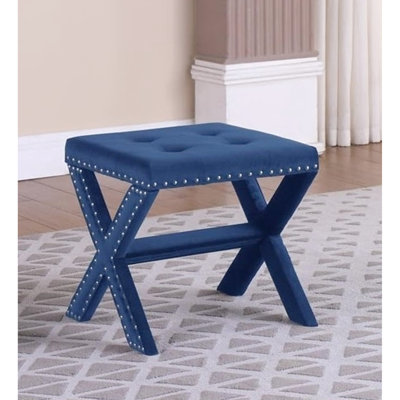 Banc rembourré en velours bleu avec garniture cloutée, mousse haute densité pour hall d'entrée et banc décoratif décoratif de salon contemporain, design, bois franc d'ingénierie