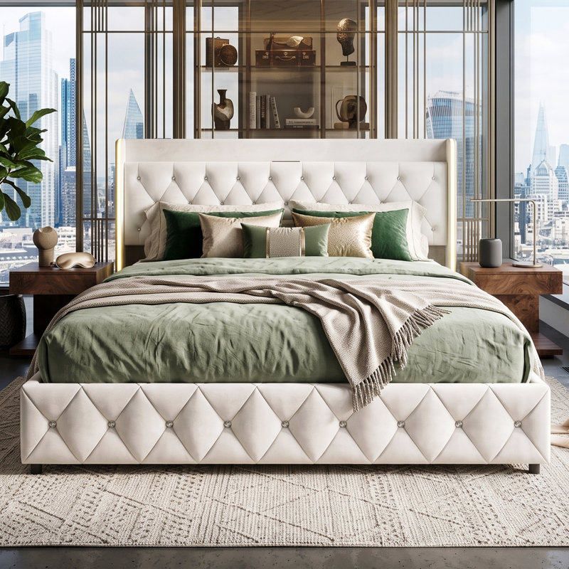 UK Velvet Ottoman Storage Bed with Marquee LED & USB-C, Glam Diamanté Tufted Upholstered Bed Frame, Beige, Kingsize (5')