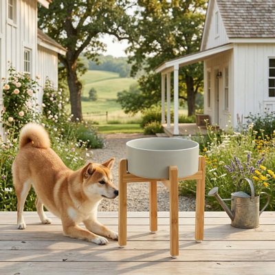8.2" Elevated Ceramic Dog Bowl Set with Stand, 60oz, for Large Breed Dogs, Weighted, Grey