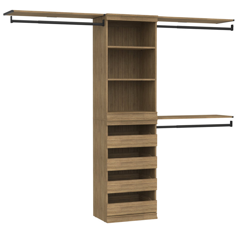 Modular Storage Closet System With Drawer Unit And Three Top Shelves