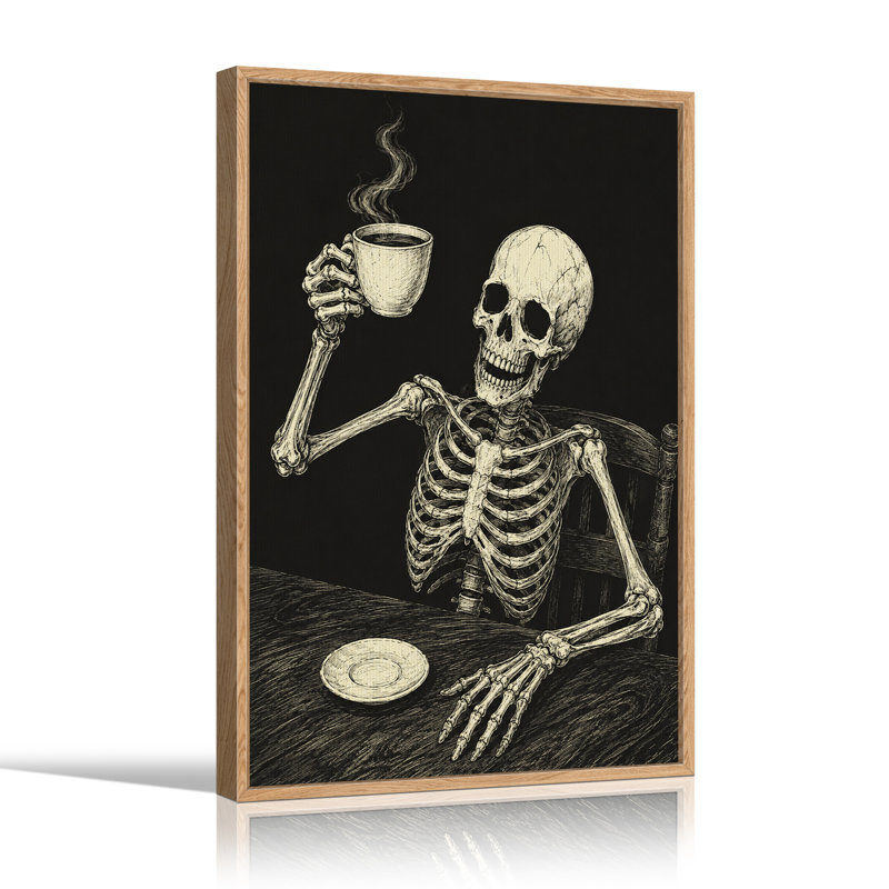 Squelette buvant une tasse de café fumant à une toile d'Halloween en bois, H 24 po x l 18 po
