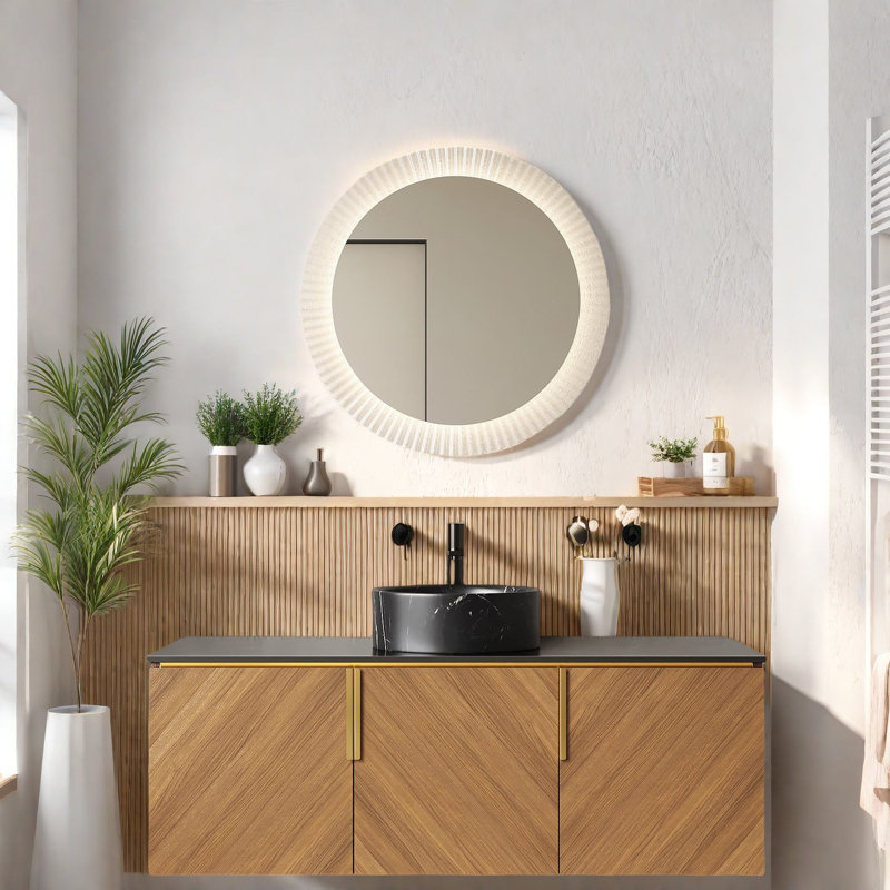 Meuble-lavabo mural moderne avec lavabo, contreplaqué durable, pierre frittée noire, grain de chêne brun