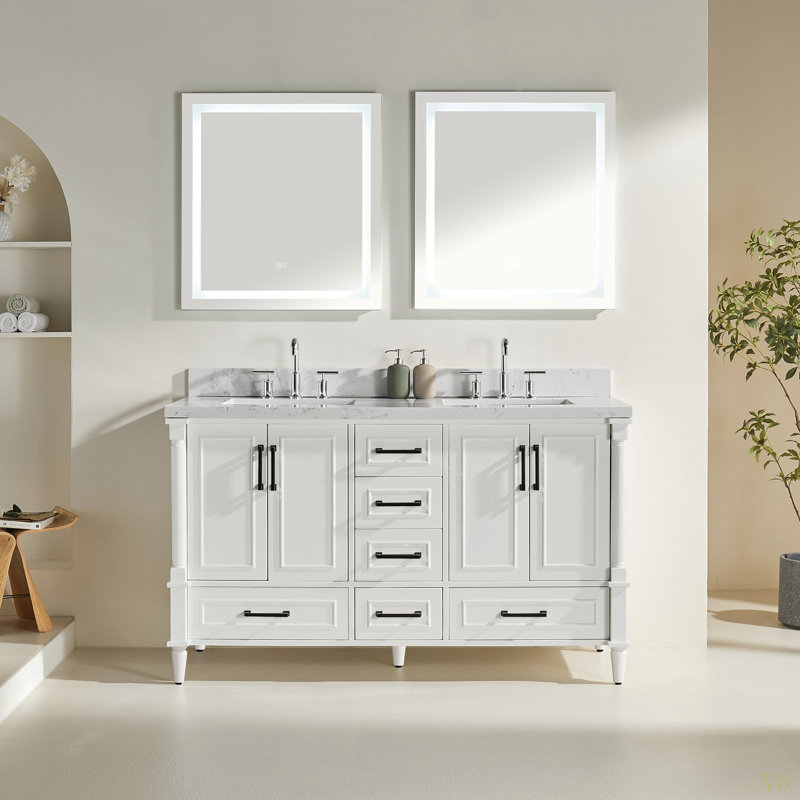 Ensemble de meuble-lavabo double autoportant 60 po avec 2 poignées entièrement assemblé