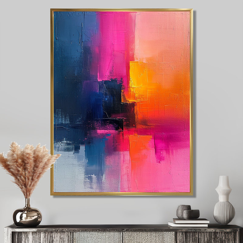 Fuchsia Sunrise - reproduction d'art abstrait mural, Toile avec cadre flottant or, H 40 po x l 30 po x P 1,5 po