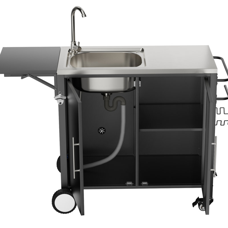 Chariot de barbecue multi-usages avec évier et plateau pliable, table de travail en métal, roulettes pour jardin, acier inoxydable 304, armoire de cuisine avec système de drainage, 360 roues, travail spacieux